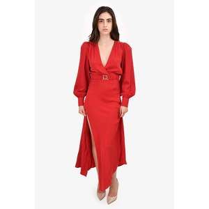 Ronny Kobo Red Printed Silk V-Neck Belted Maxi Dress Size XS